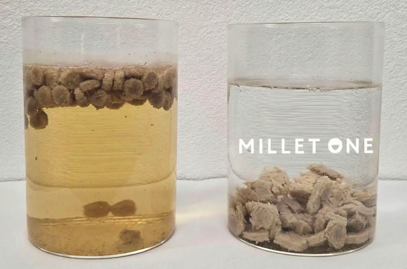 オイルコーティングフード（左）と、ノンオイルのミレワン（右）を60分浸水して比較